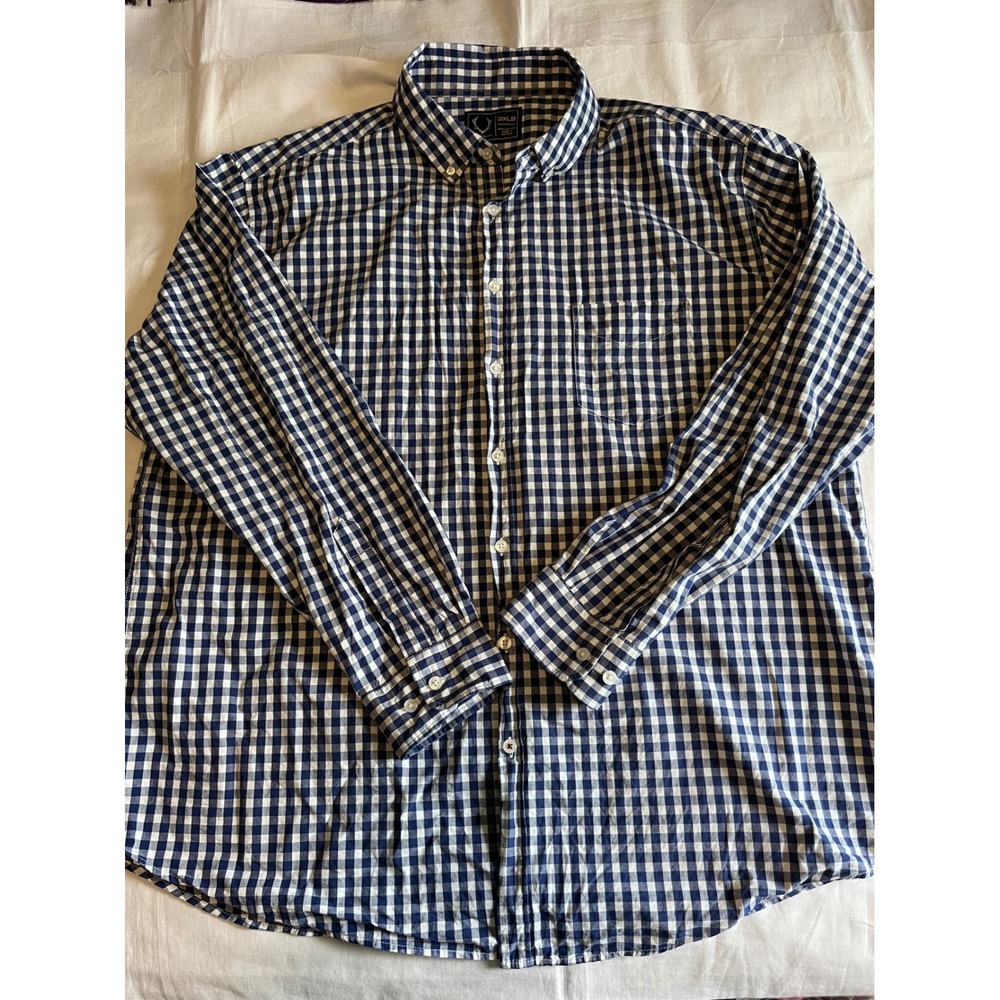 Luke & Dutch Mens 3XLB Gingham Button Down L/S Shirt Navy Blue White 100% Cotton